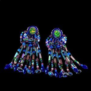 Vtg iridescent abalone glass beaded chandelier artist made clip earrings